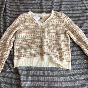 American Eagle V-Neck Patterned Sweater - Cream and Brown